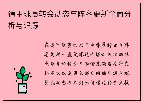 德甲球员转会动态与阵容更新全面分析与追踪